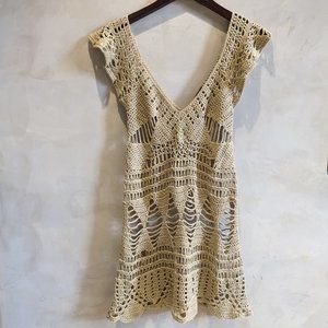 Tan Khaki Natural Crochet Pointelle Knit Open Stitch Mini Dress, Size Med Large